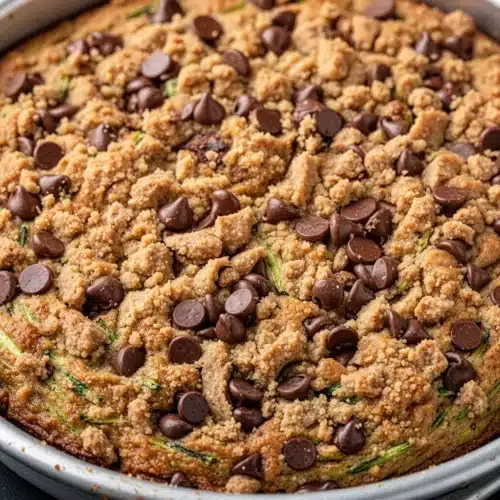 Peanut butter chocolate chip zucchini cake with chocolate chips and streusel topping in a pan