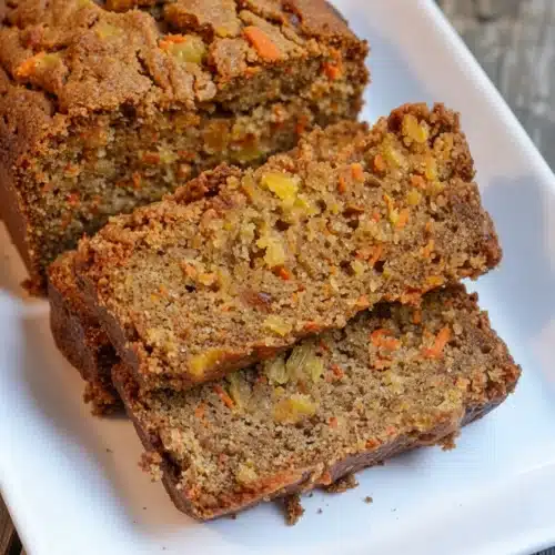 Slices of pineapple carrot bread on a white plate, showcasing moist texture and colorful ingredients