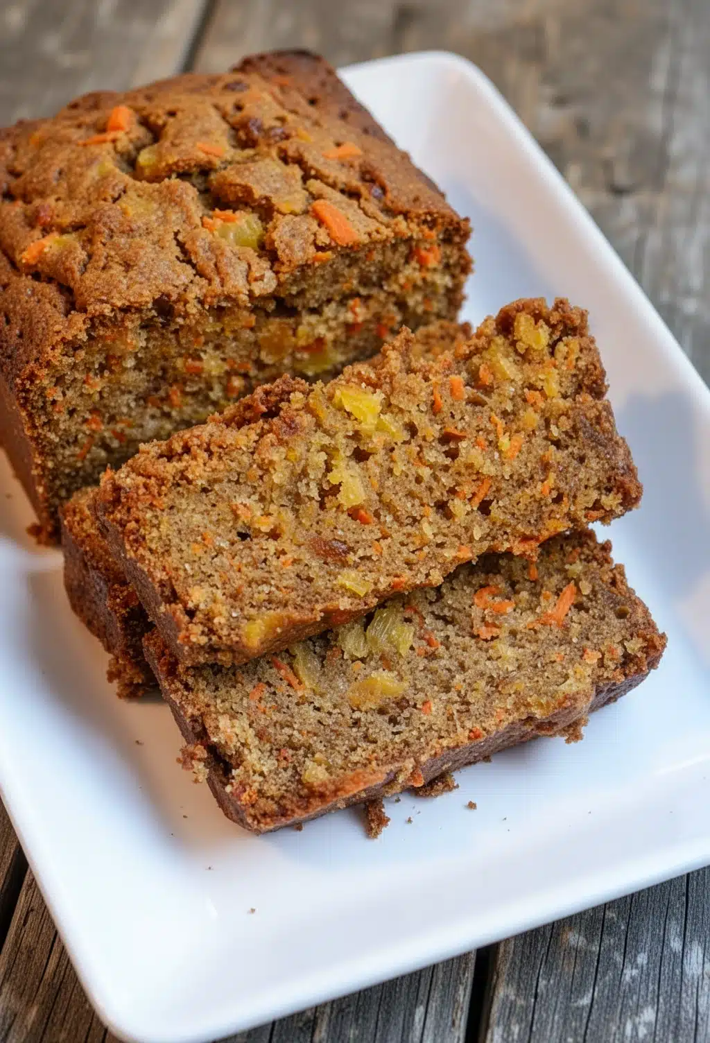 Slices of pineapple carrot bread on a white plate, showcasing moist texture and colorful ingredients