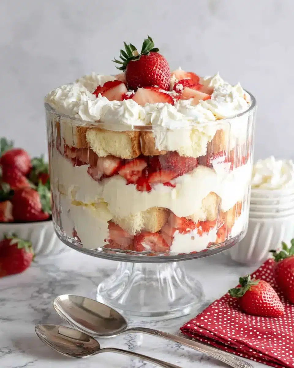 Punch bowl cake with layers of cake, pudding, and strawberries in a glass bowl