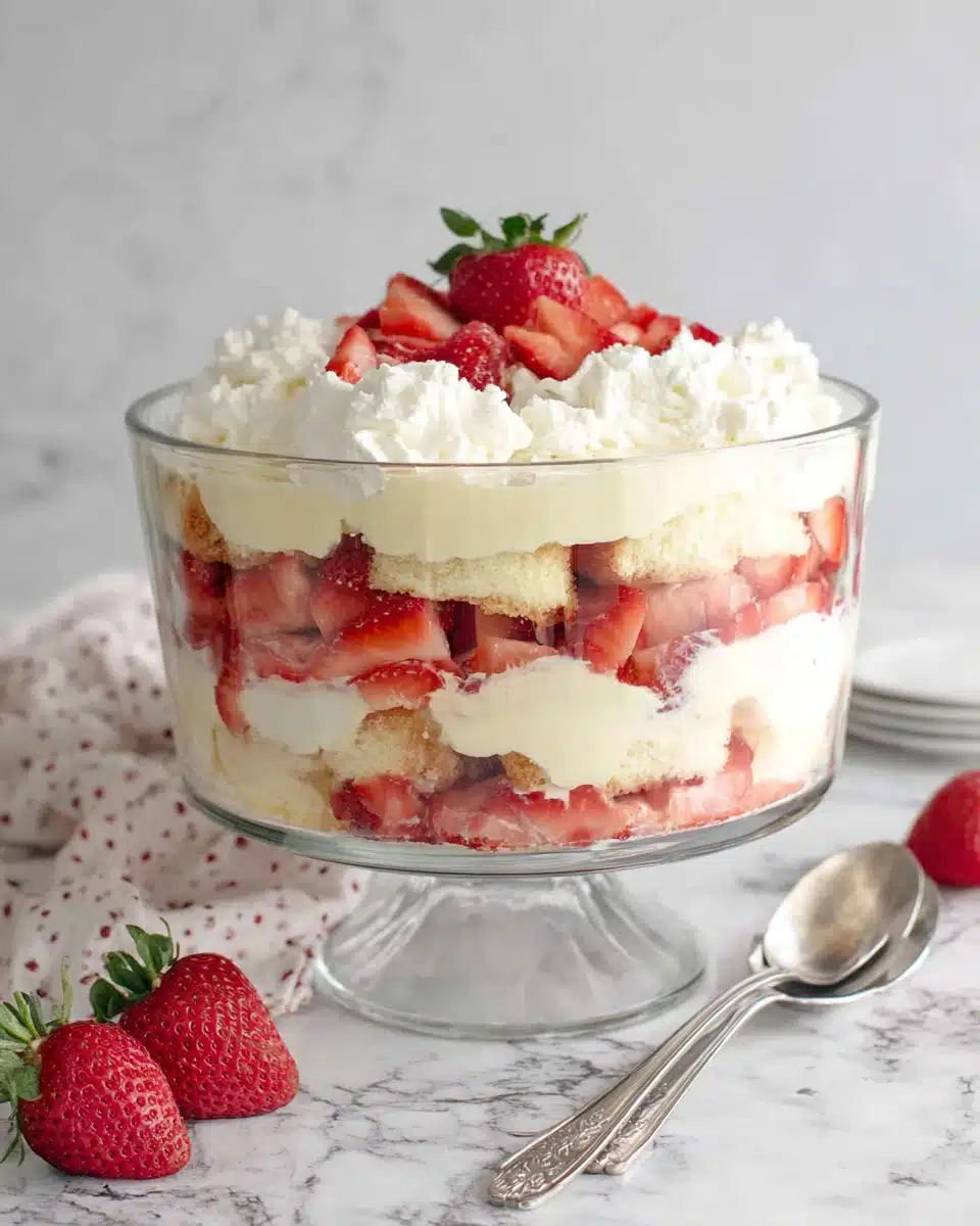 Layered punch bowl cake with strawberries and cream in a glass bowl