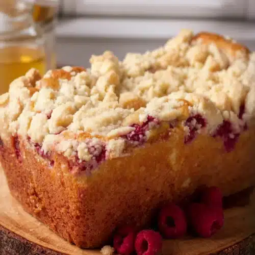Delicious Raspberry Bread with Butter Crumb Topping 2 Raspberry bread with butter crumb topping on wooden board