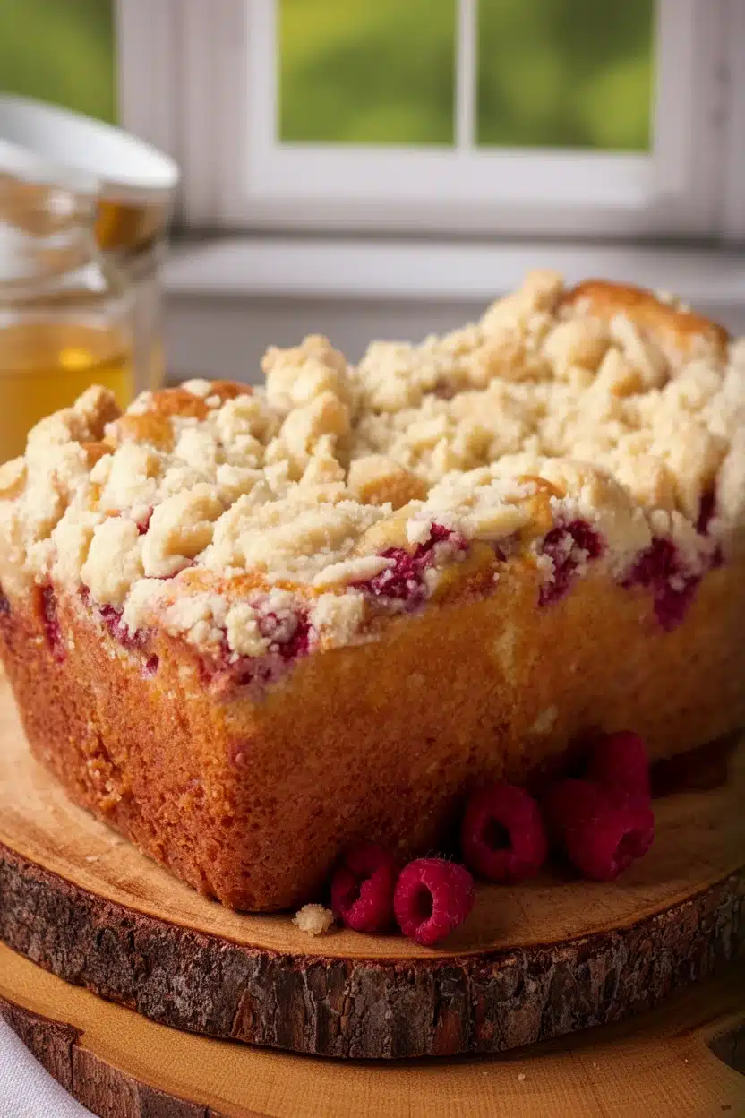 Raspberry Bread with Butter Crumb Topping Raspberry bread with butter crumb topping on wooden board