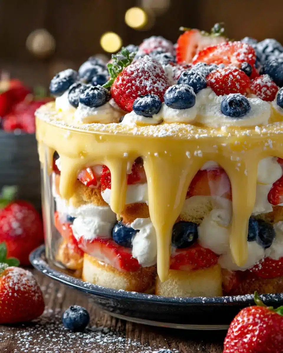 Red, white and blue trifle with strawberries, blueberries, and whipped cream in a dark bowl.
