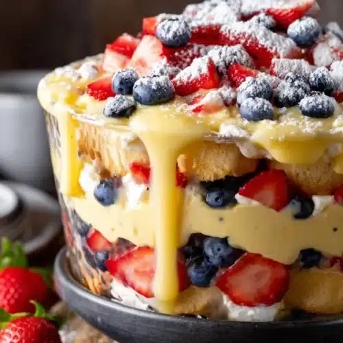Red, white and blue trifle with strawberries, blueberries, and whipped cream in a dark bowl
