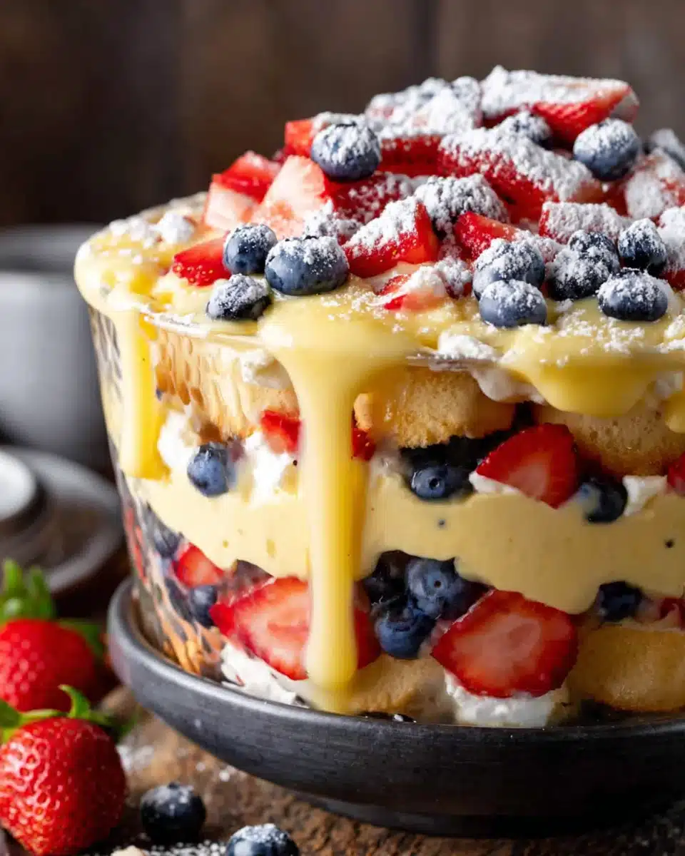 Red, white and blue trifle with strawberries, blueberries, and whipped cream in a dark bowl