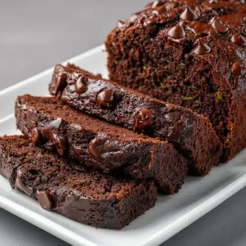 Rich chocolate zucchini bread with chocolate chips, sliced on a white plate