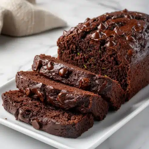 Rich chocolate zucchini bread with chocolate chips, sliced on a white plate