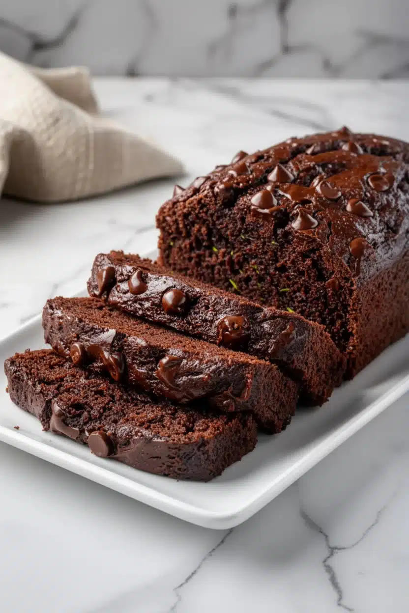 Rich chocolate zucchini bread with chocolate chips, sliced on a white plate