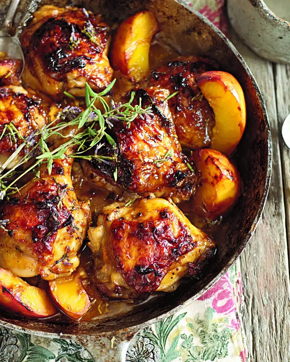 Roast chicken with peaches and lavender in a skillet, glazed and garnished