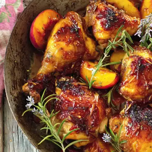 Roast chicken with peaches and lavender in a skillet, golden and glazed