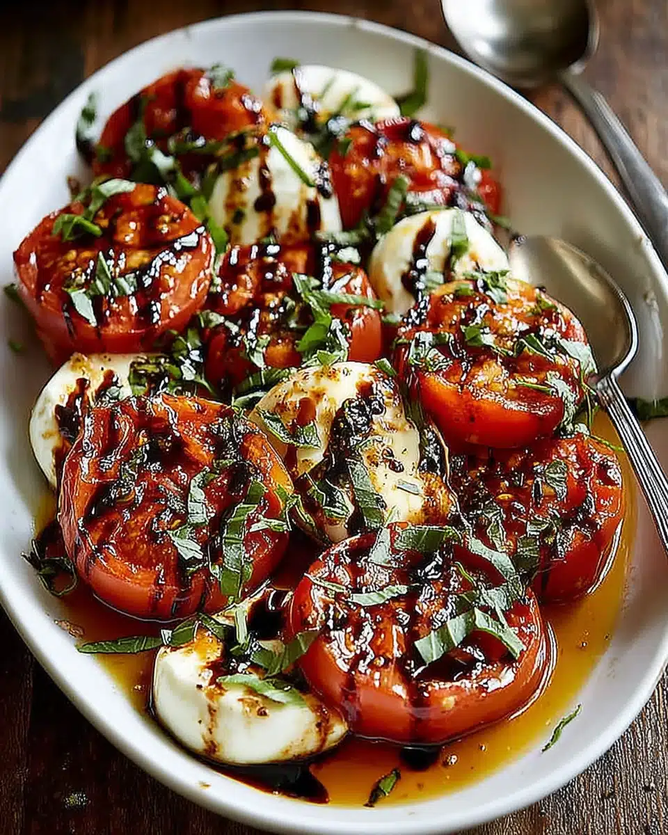 Roasted tomato caprese salad with mozzarella and basil on a white plate