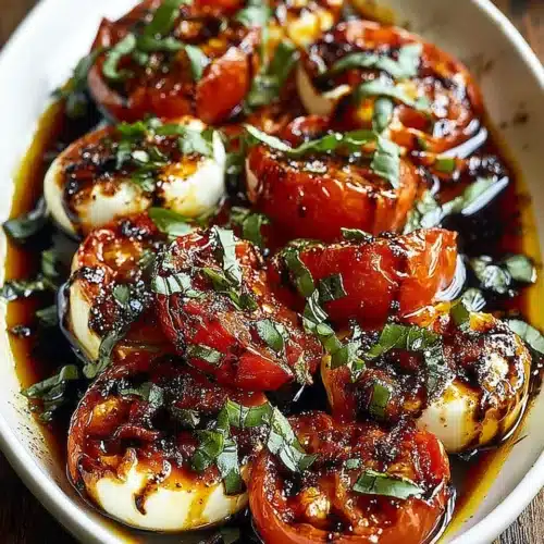 Roasted tomato caprese salad with mozzarella and basil on a white plate