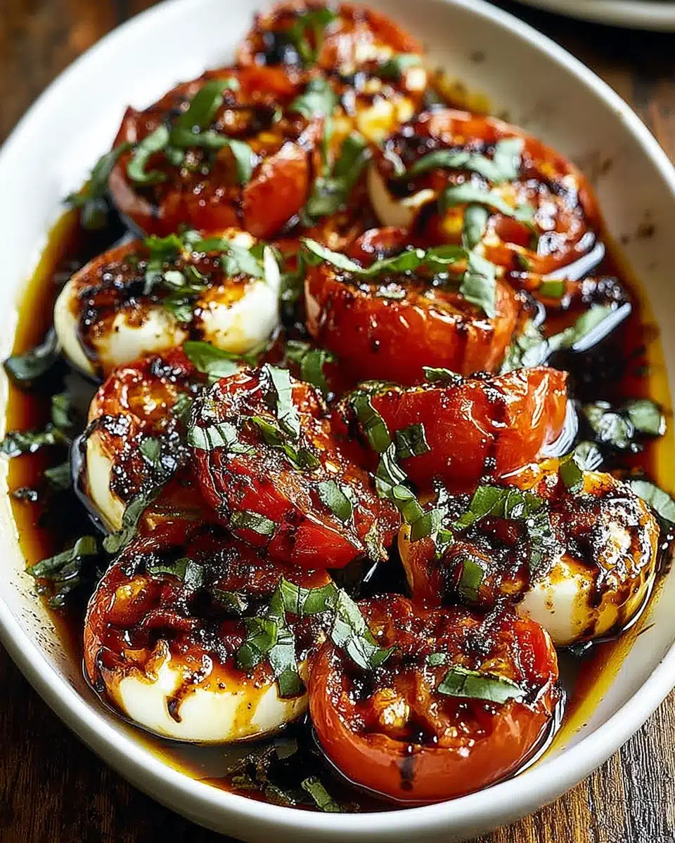 Roasted tomato caprese salad with mozzarella and basil on a white plate