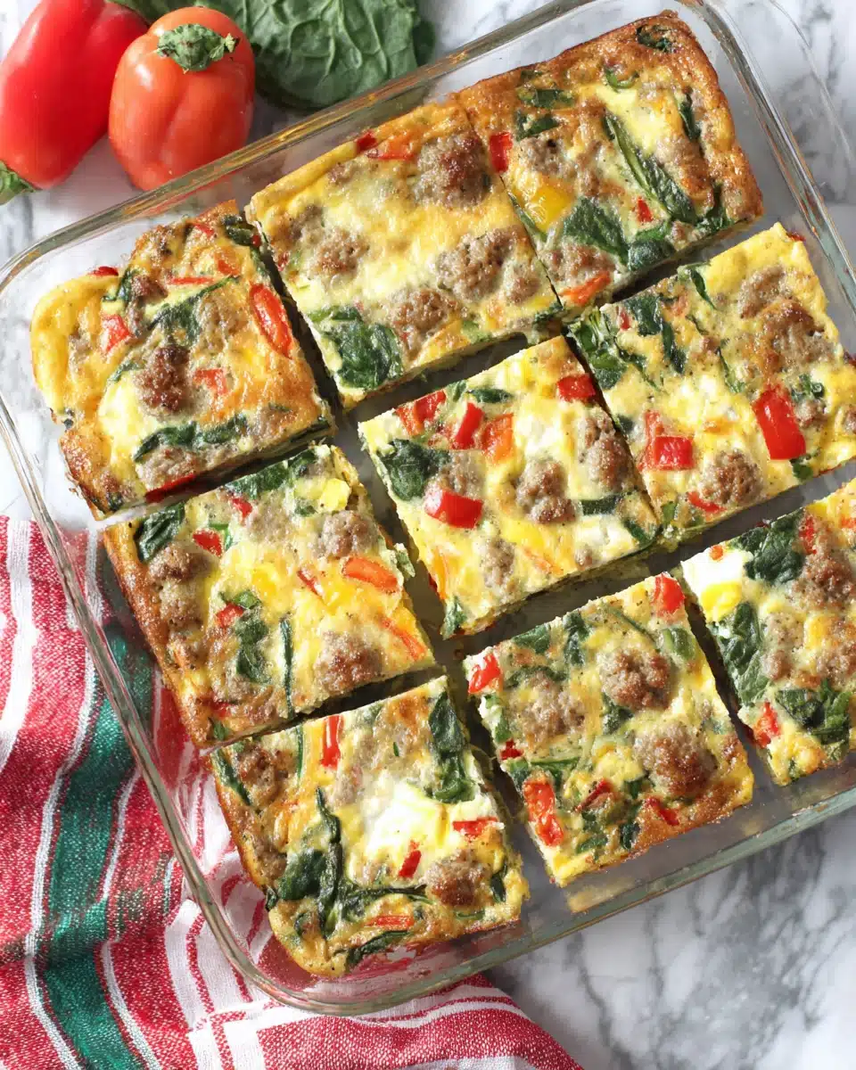 Sausage and egg Whole30 breakfast casserole in a glass dish with spinach and peppers