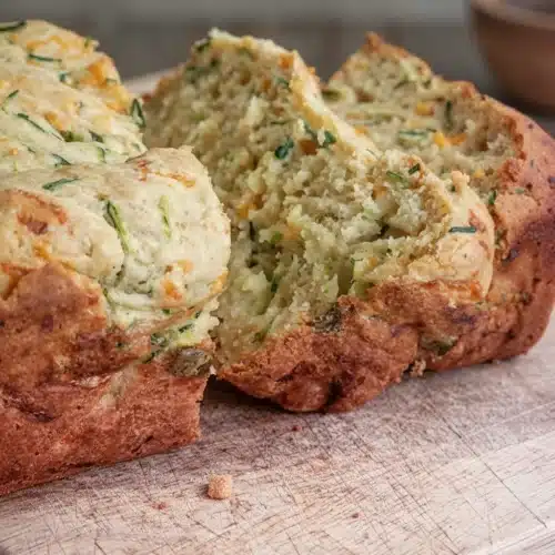 Savory Cheddar Chive Zucchini Bread: A Delicious Treat 2 Savory cheddar chive zucchini bread with golden crust and visible herbs, sliced on wooden board