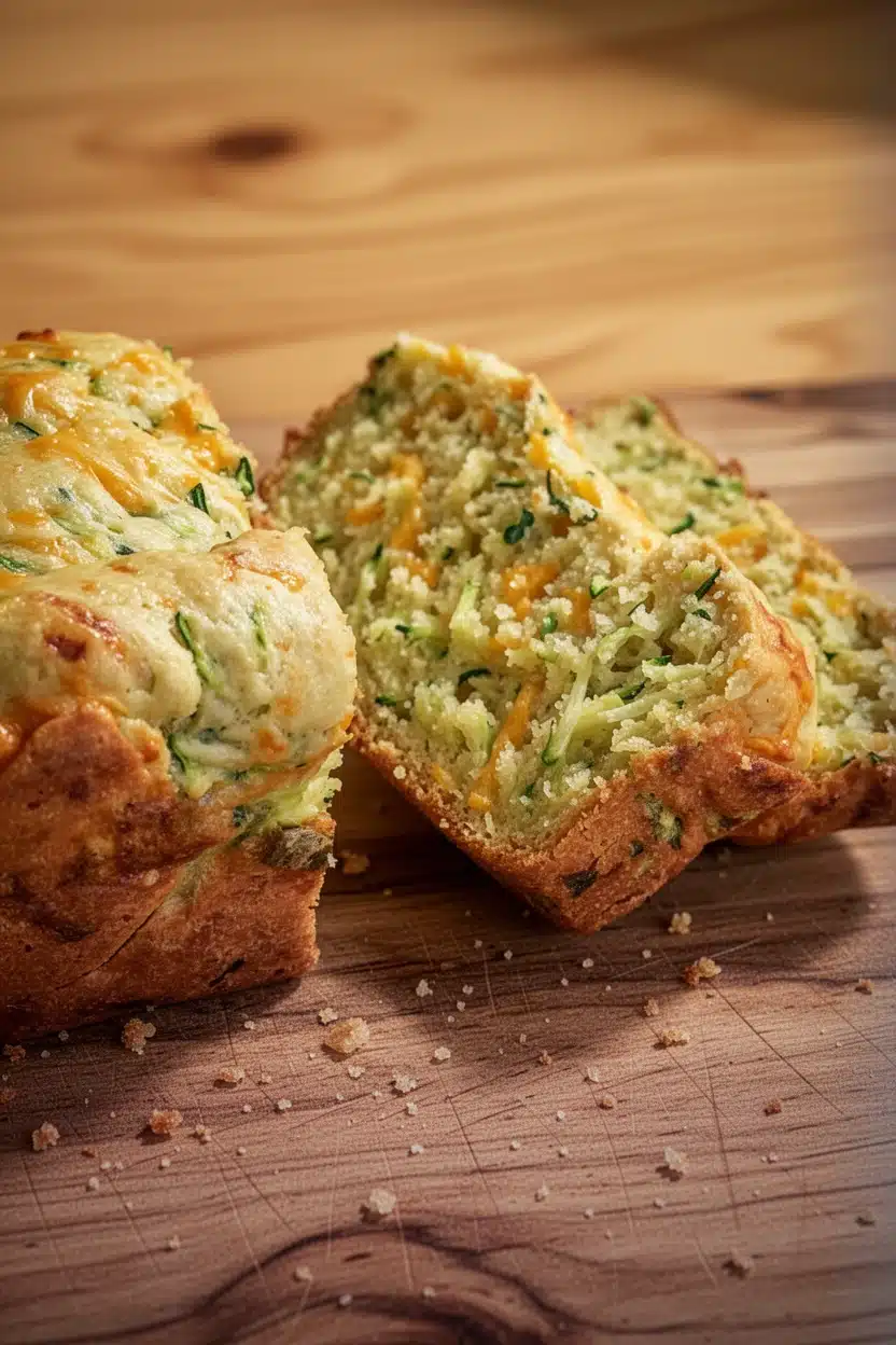 Savory Cheddar Chive Zucchini Bread Slices Savory cheddar chive zucchini bread with golden crust and visible herbs and cheese