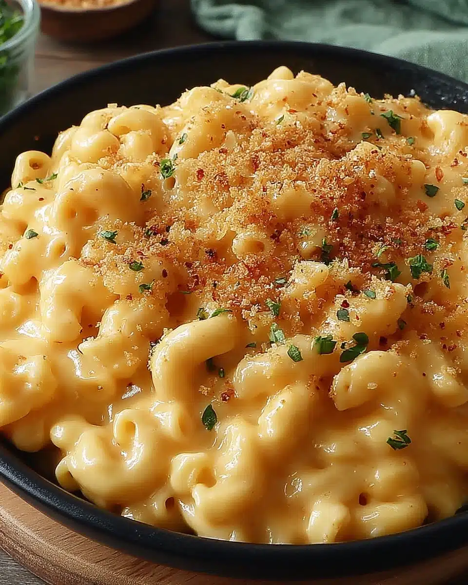 Creamy slow cooker macaroni and cheese in a black bowl with crispy topping