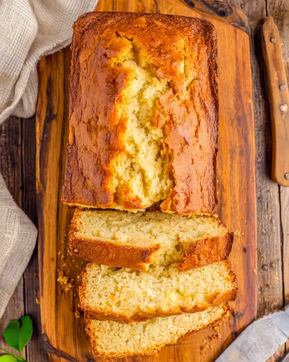 Sliced southern peach bread on a wooden board with a bowl of cream nearby