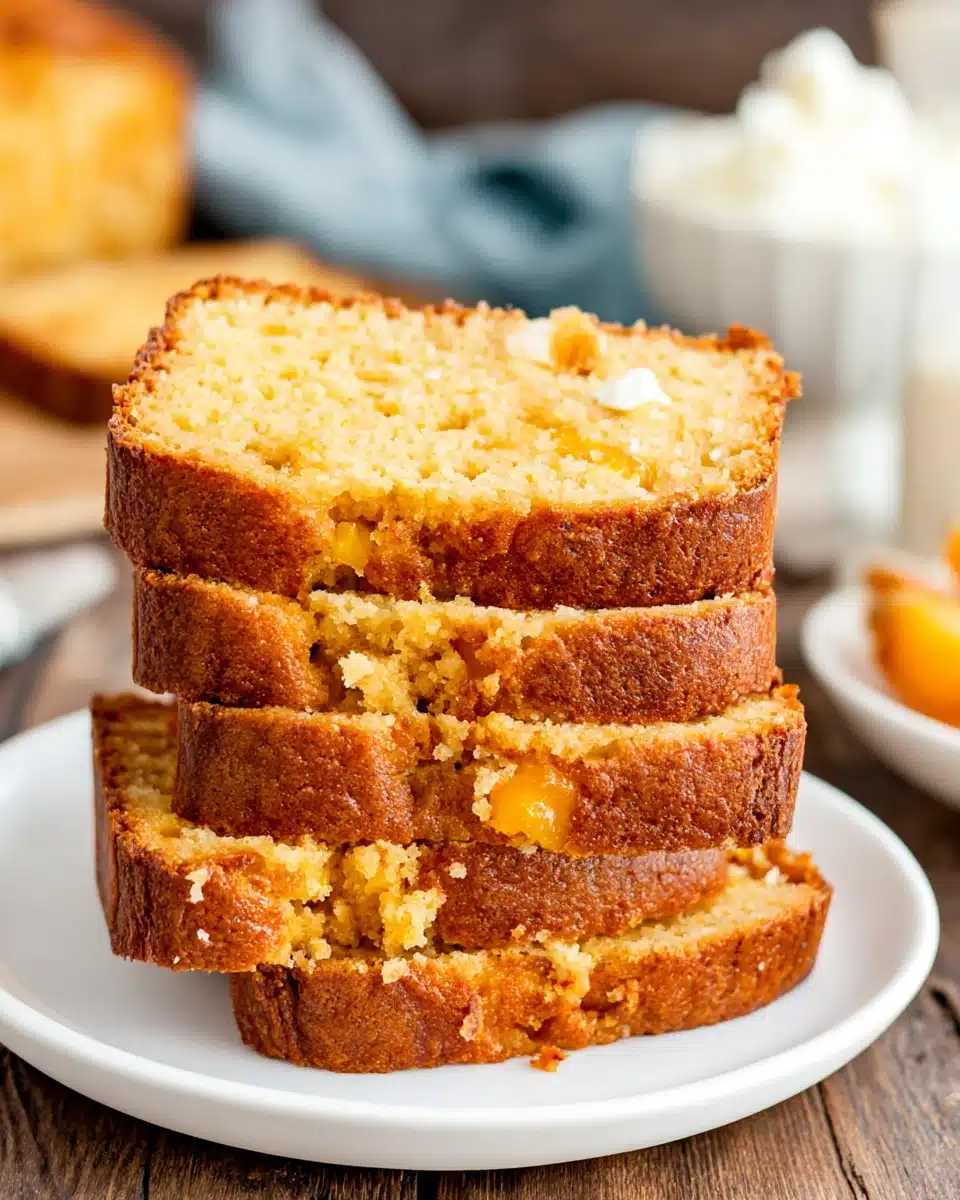 Slices of southern peach bread stacked on a plate with fresh peaches nearby