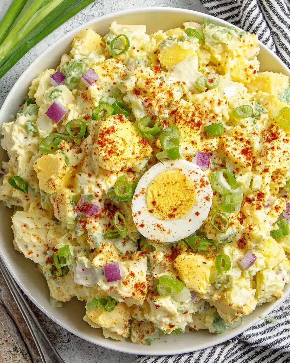Creamy southern potato salad with eggs, celery, and green onions in a white bowl