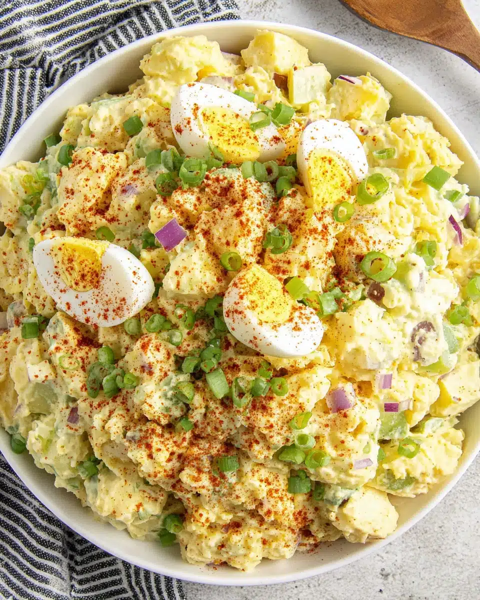 Creamy southern potato salad with eggs, celery, and green onions in a white bowl