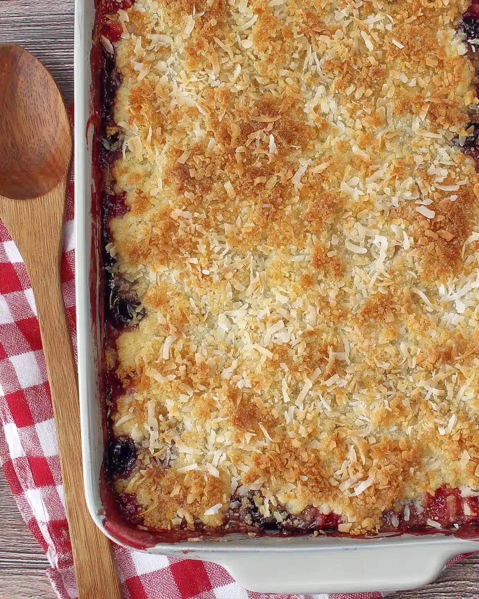 Strawberry blueberry gluten free dump cake with toasted coconut topping in a baking pan