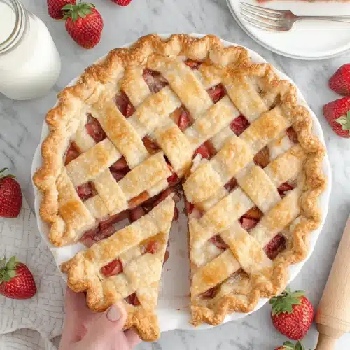Golden lattice strawberry pie with fresh strawberries and milk, ready to serve