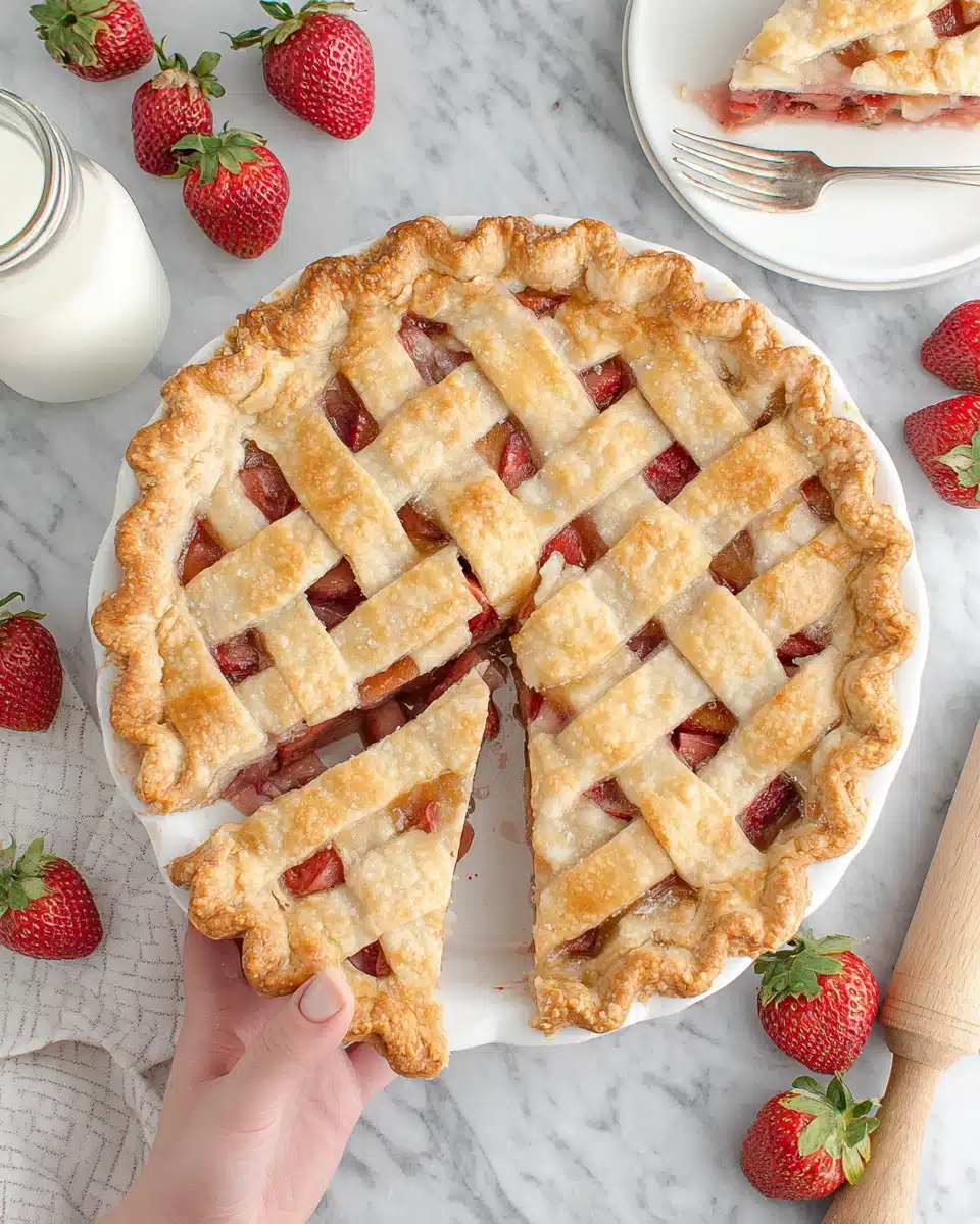 Golden lattice strawberry pie with fresh strawberries and milk, ready to serve