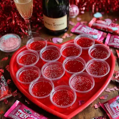 Strawberry pop rock jello shots in heart-shaped tray with red tinsel and pop rocks