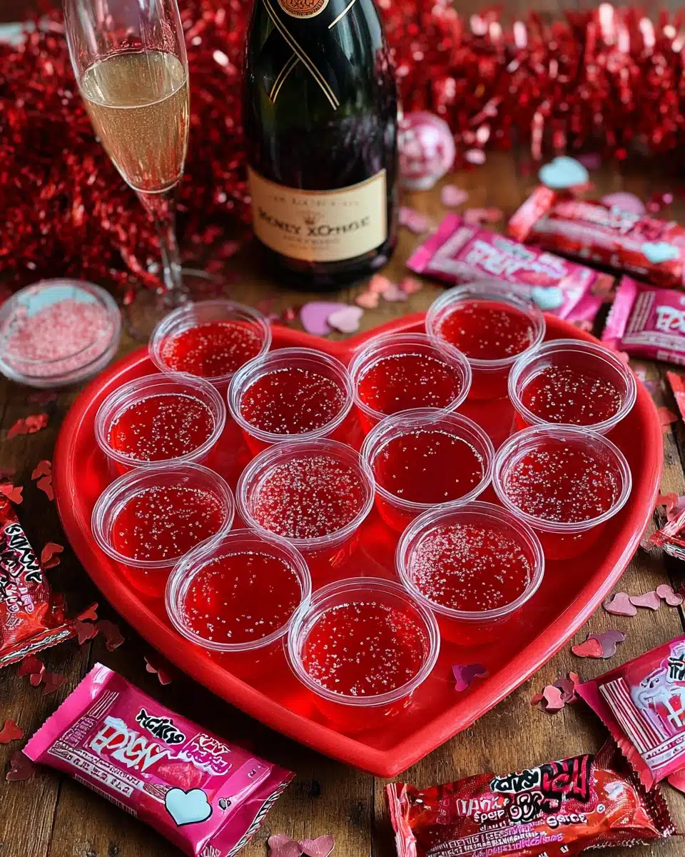 Strawberry pop rock jello shots in heart-shaped tray with red tinsel and pop rocks