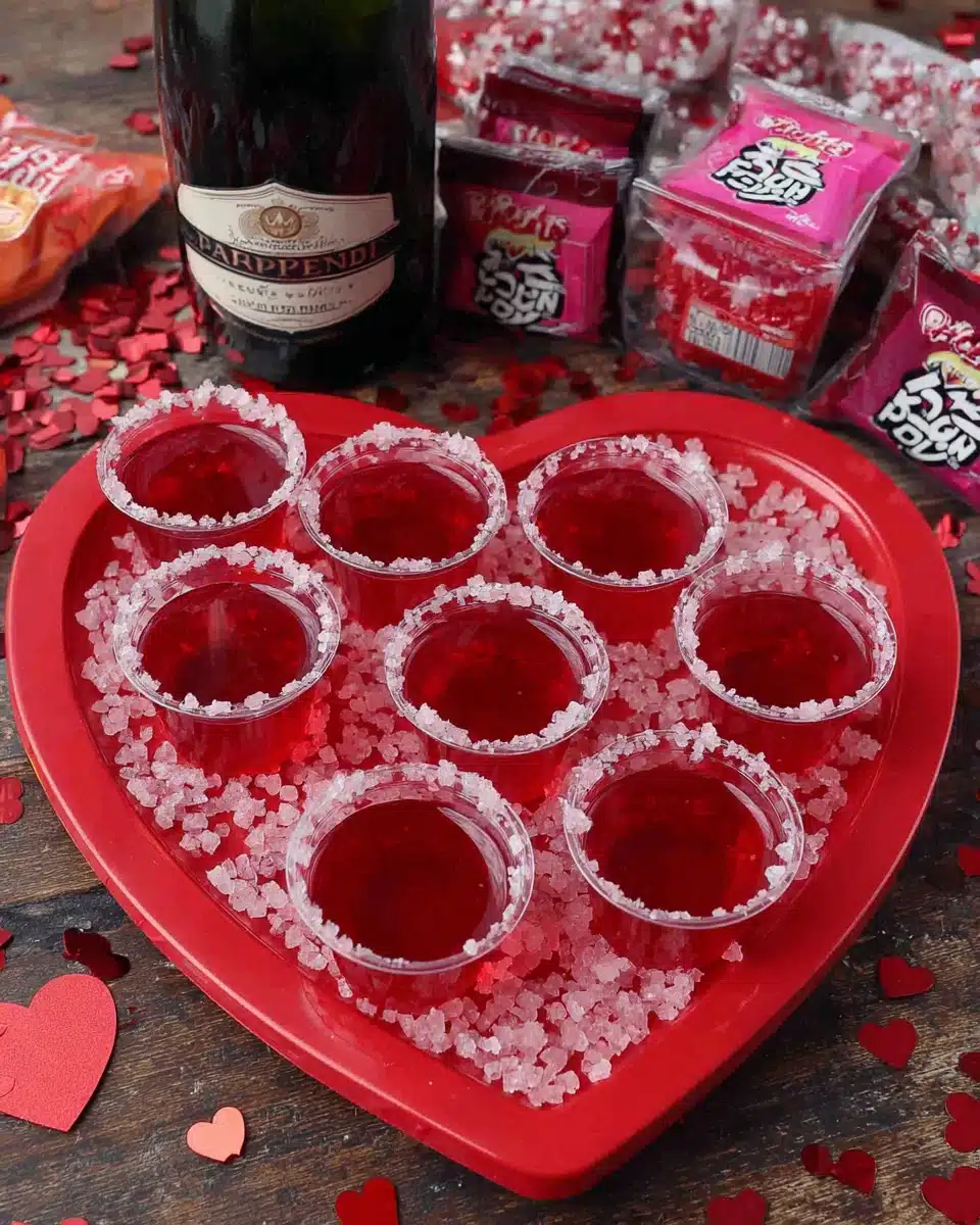 Strawberry pop rock jello shots in heart-shaped tray with pop rocks and festive decor