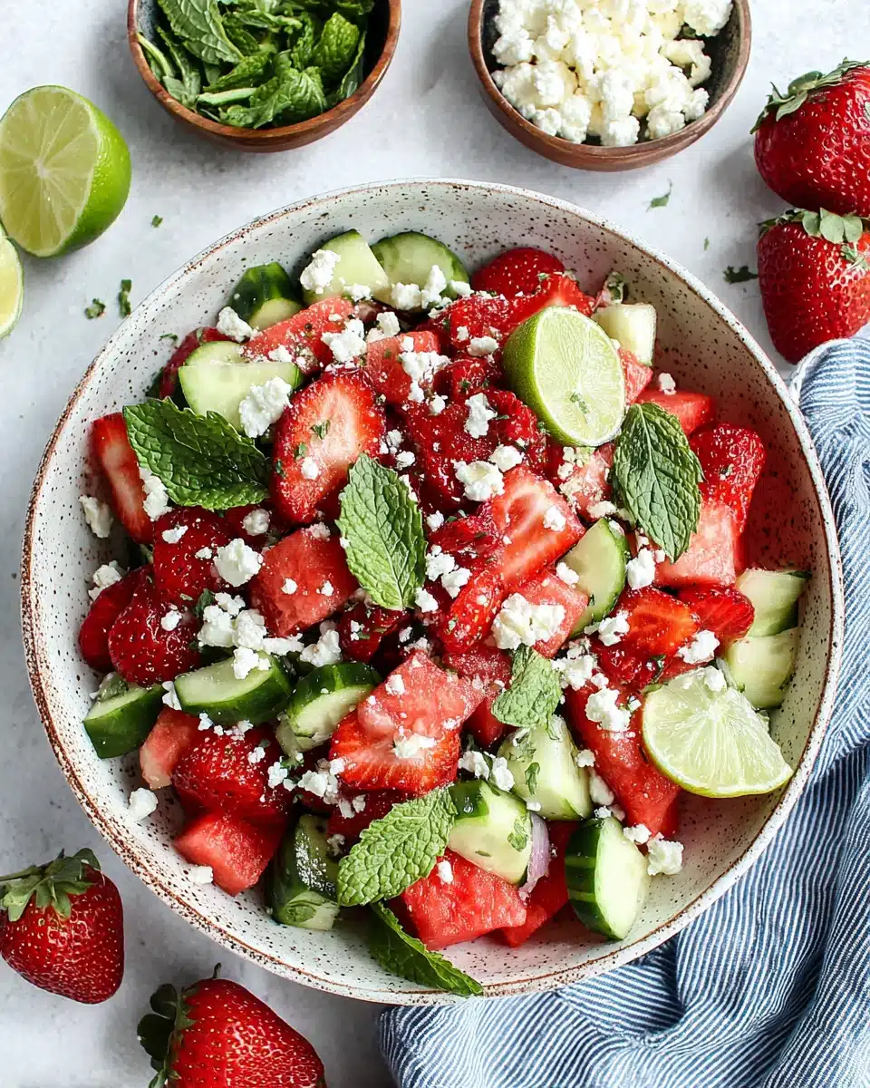 Strawberry watermelon cucumber salad with feta and mint in a ceramic bowl