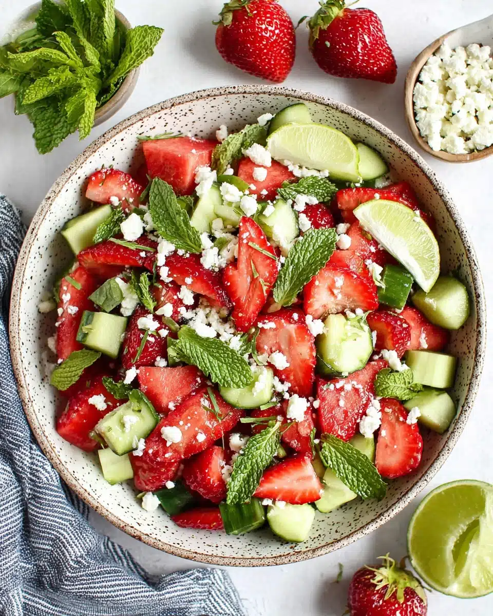Strawberry watermelon cucumber salad with feta and mint in a ceramic bowl