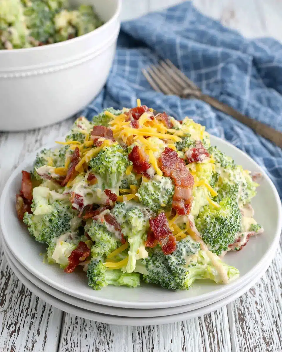 Tasty Ruby Tuesday broccoli salad with bacon and cheese on a white plate