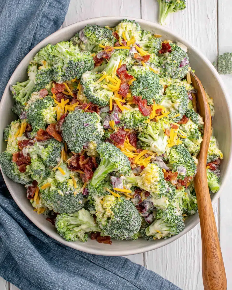 Tasty Ruby Tuesday broccoli salad with bacon and cheese in a white bowl