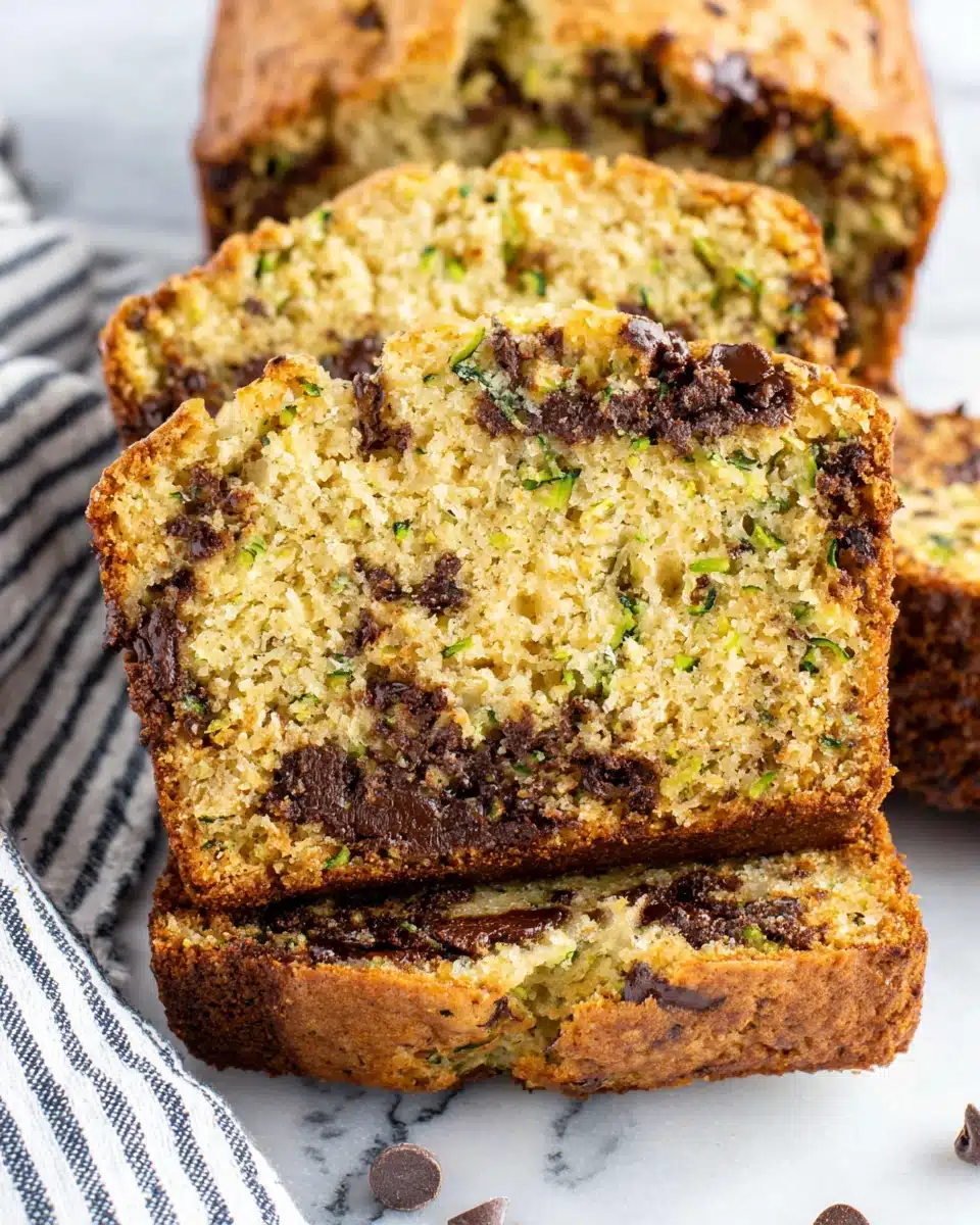 Tender Zucchini Bread with Melty Chocolate Slices Slices of tender zucchini bread with melty chocolate, golden crust, and moist interior