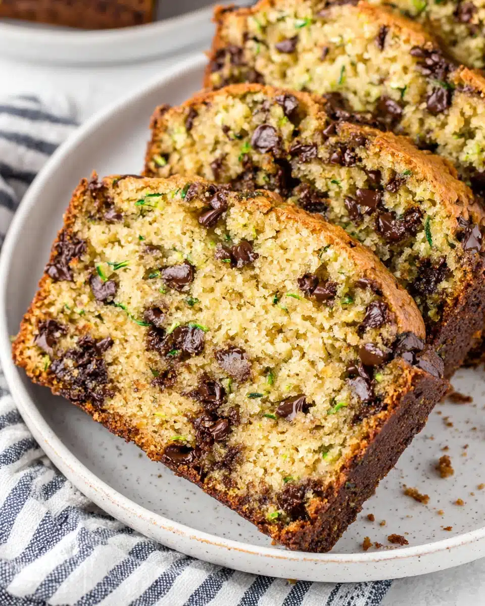 Tender Zucchini Bread with Melty Chocolate Chips Tender zucchini bread with melty chocolate chips, sliced and served on a plate