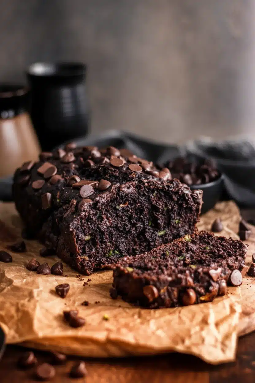 Vegan double chocolate zucchini bread with chocolate chips, sliced and served on parchment paper