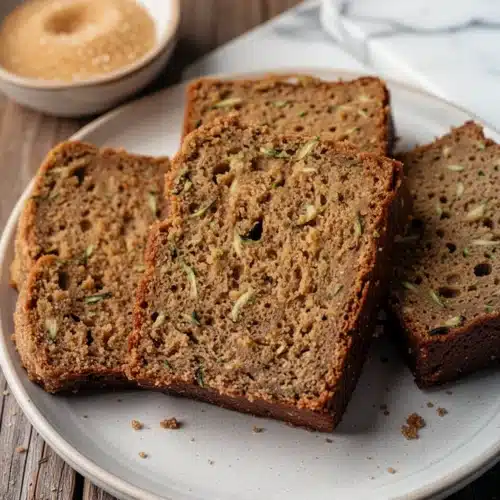 Slices of vegan gluten free zucchini bread with golden crust and zucchini specks