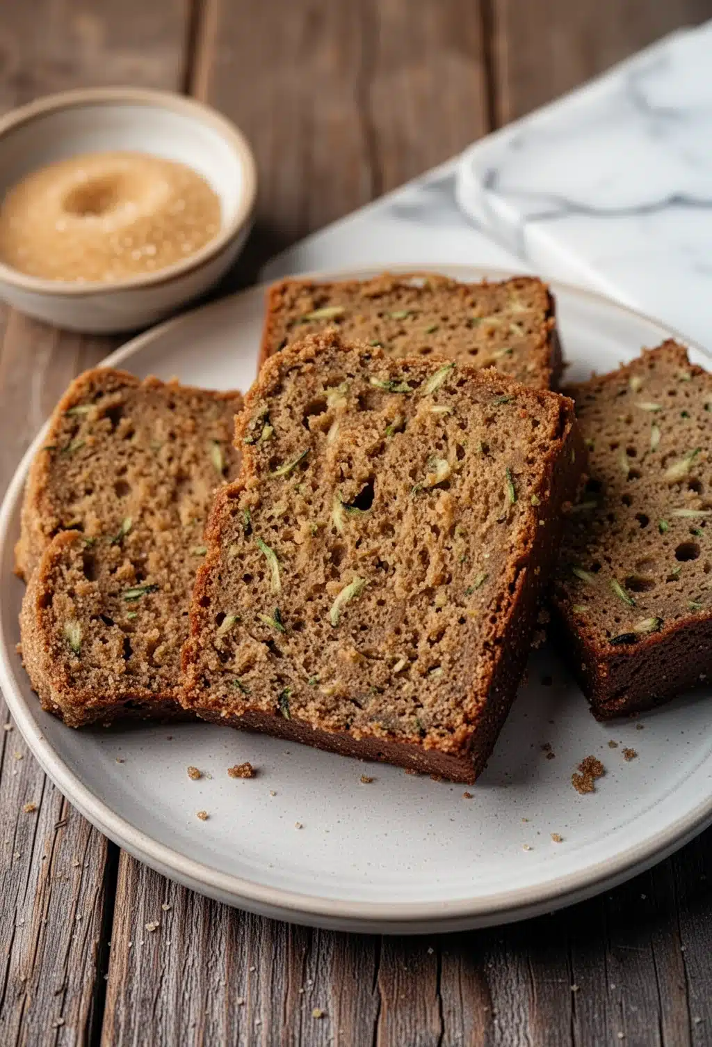Slices of vegan gluten free zucchini bread with golden crust and zucchini specks