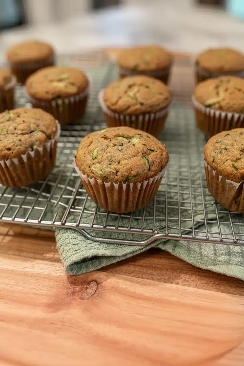 Zucchini Banana Bread Muffins Cooling on Rack Zucchini banana bread muffins cooling on a wire rack, golden brown and moist, with visible zucchini bits
