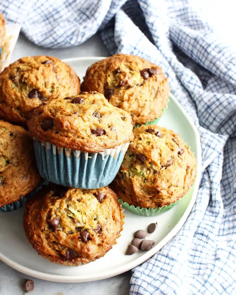 Zucchini banana chocolate chip muffins in blue silicone liners on a plate