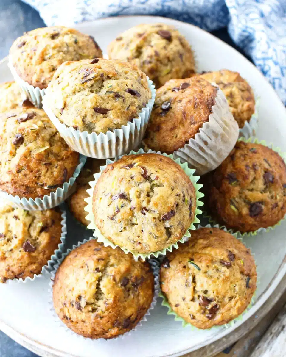 Zucchini banana chocolate chip muffins in blue and green liners on a white plate