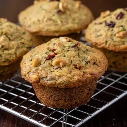 Zucchini bread muffins with raisins and walnuts on cooling rack