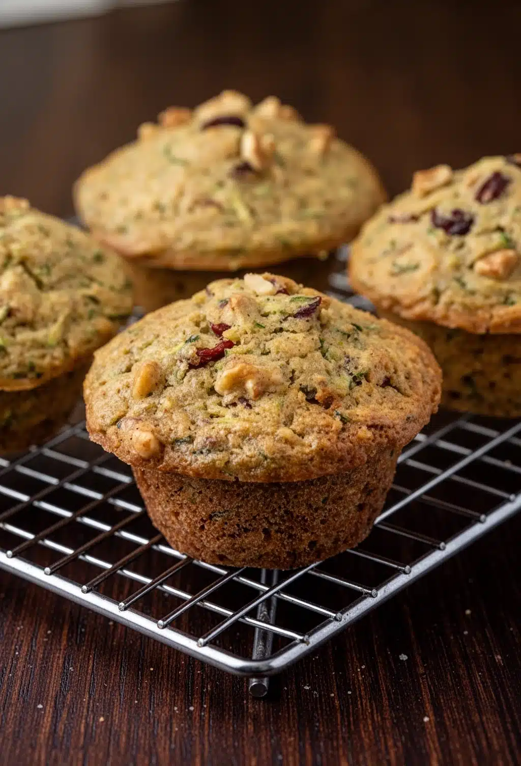 Zucchini bread muffins with raisins and walnuts on cooling rack