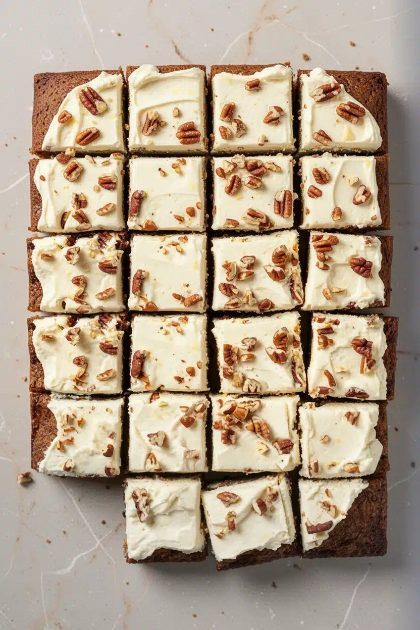 Zucchini cake with lemon cream cheese frosting and pecans, sliced into squares