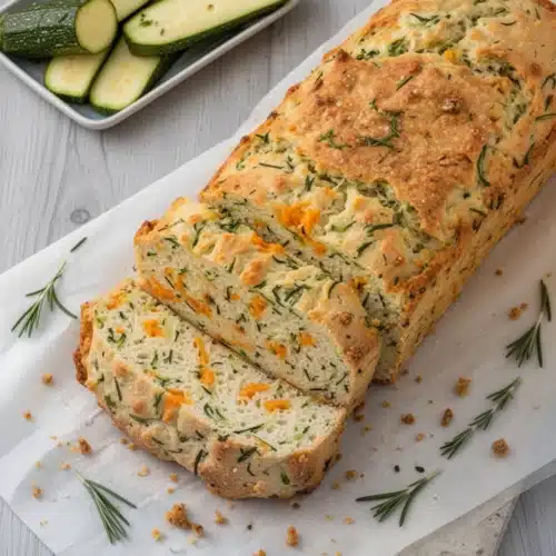 Zucchini cheddar herb bread with herbs and cheese, golden crust, fresh from oven