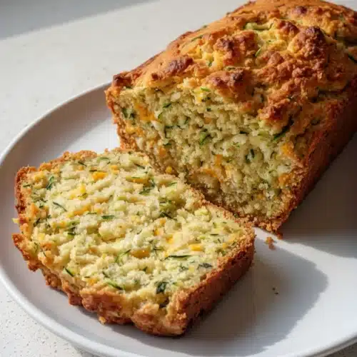 Zucchini cheddar herb bread loaf with a slice cut, showing moist texture and herbs