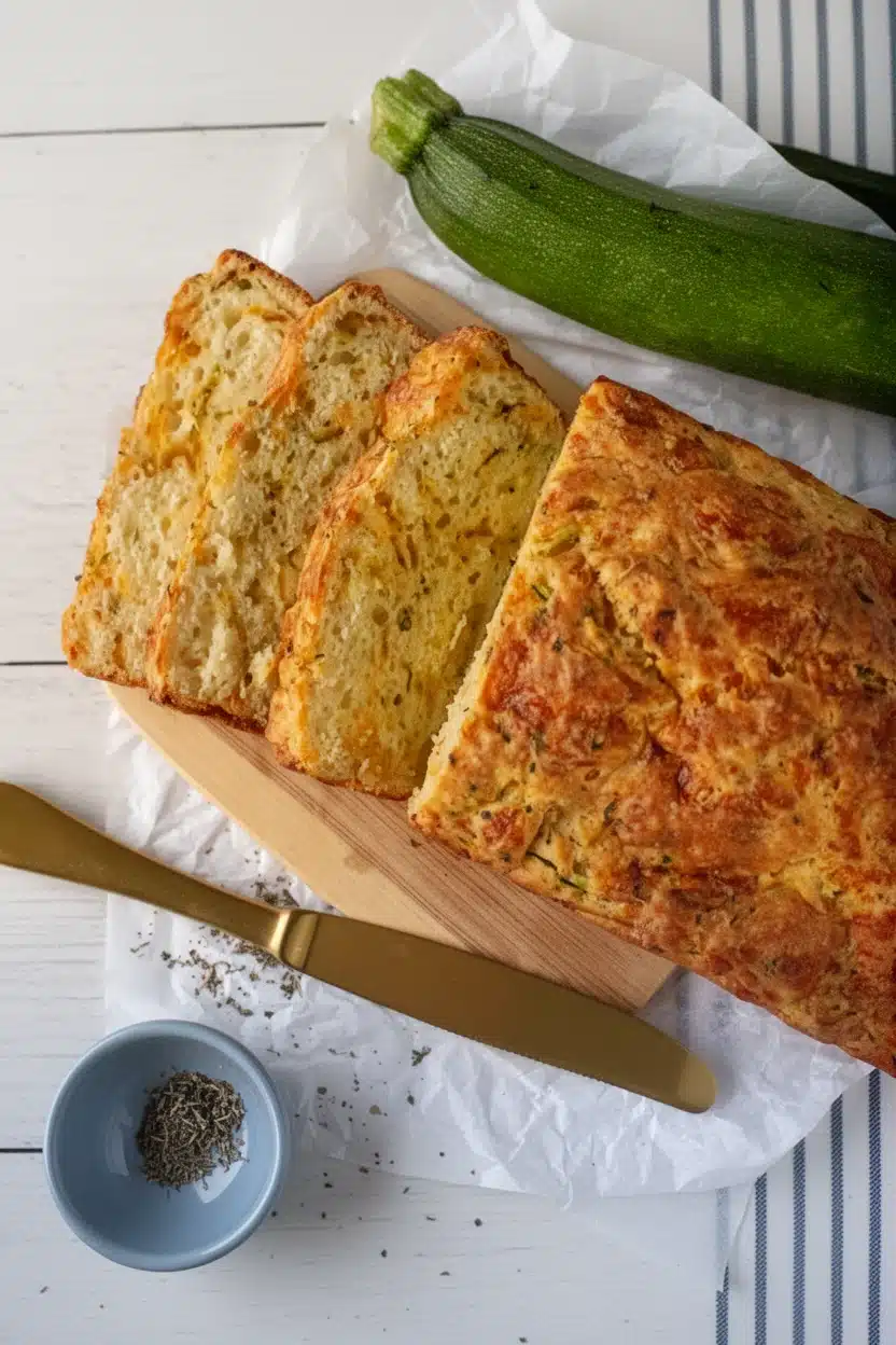 Sliced zucchini cheddar herb buttermilk quick bread with fresh zucchini and herbs